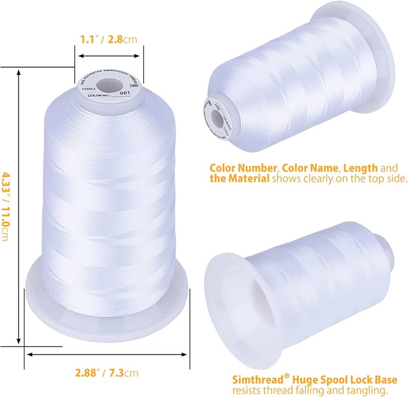 simthread Embroidery Thread 5500 Yards White 001, 2 Huge Spools 40wt Polyester for Brother, Babylock, Janome, Singer, Pfaff, Husqvarna, Bernina Machine - Image 2